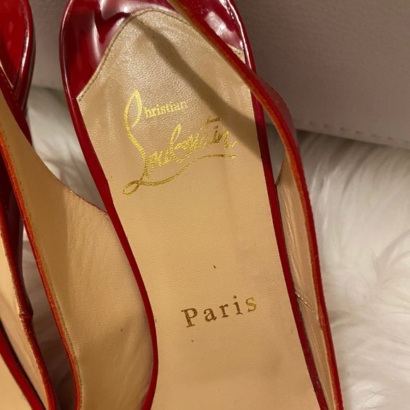 Christian Louboutin Red Patent Leather No Prive Sling Peep 120mm Pumps SZ 37.5 - Picture 8 of 10